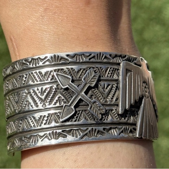 Tsosie White TO Sterling Silver Thunderbird Cuff Bracelet Navajo Gift